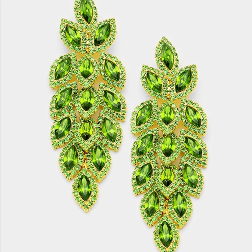 Green Crystal Stone Leaf Cluster Marquise Earrings